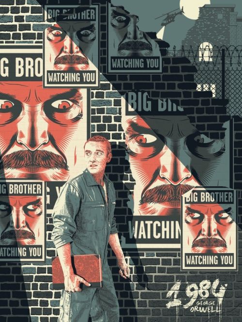 Illustration for George Orwell's 1984 showing a frightened man walking past a wall with menacing posters that say Big Brother is Watching You