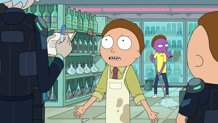 Mid shot of morty being questioned in Rick and Morty