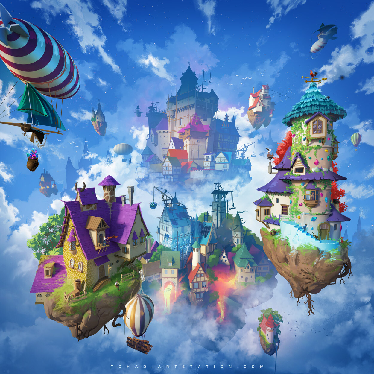 Picture of a floating sky city with hot air balloons