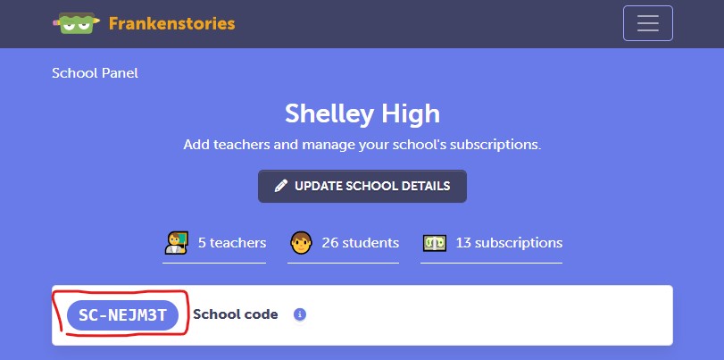 You can find your school code on your main school panel page, underneath the links to teacher, student, and subscription information.